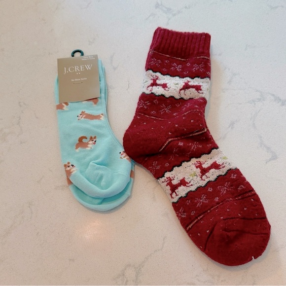 J. Crew Aqua Blue Corgi Dog Pattern No Show Socks & Red Reindeer Warm Socks - Picture 1 of 10